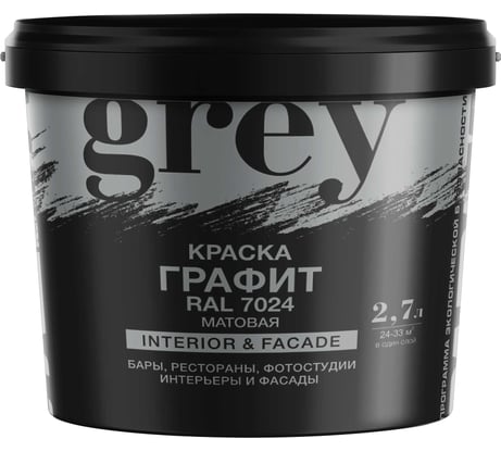 Краска интерьерная Радуга для стен потолков и фасадов Grey графит матовая 2,7 л 4630058028525