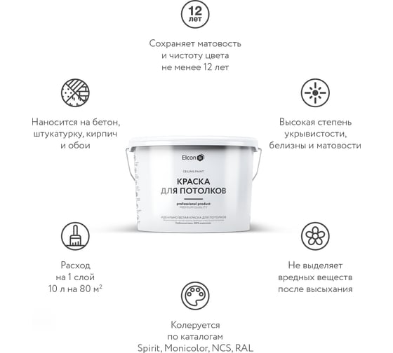 Водоэмульсионная краска для для потолка Elcon белая, износостойкая 10 л 00-00462248