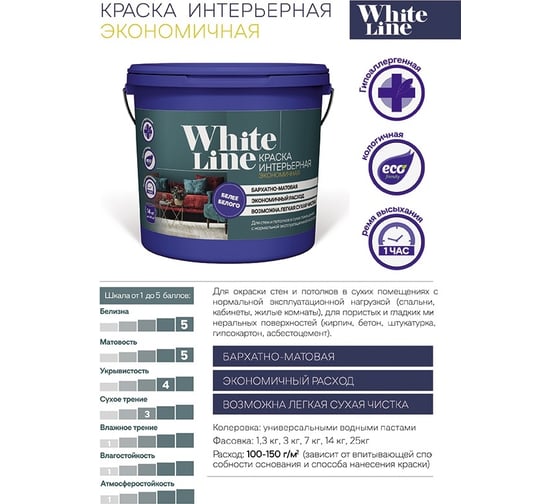 Интерьерная экономичная краска White Line 14 кг 4690417092390