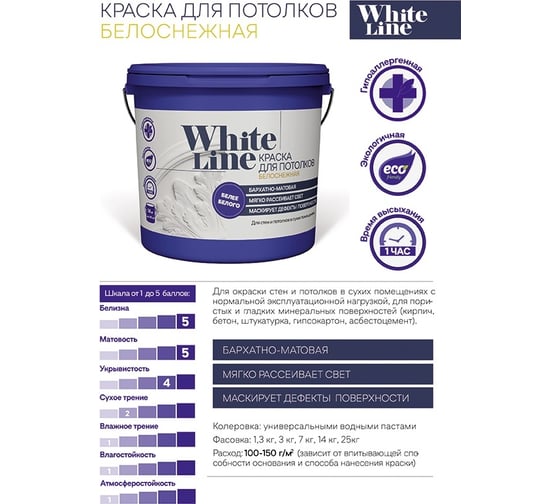 Краска для потолков White Line (белоснежная; 14 кг) 4690417092345
