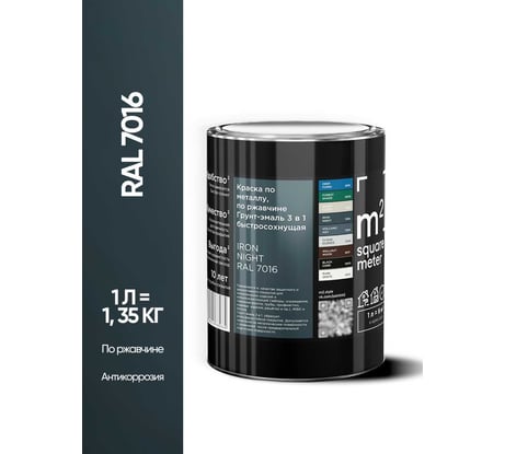 Грунт - эмаль 3 в 1 по ржавчине M2 SQUARE METER RAL 7016 Антрацит, 1л 10211000017016