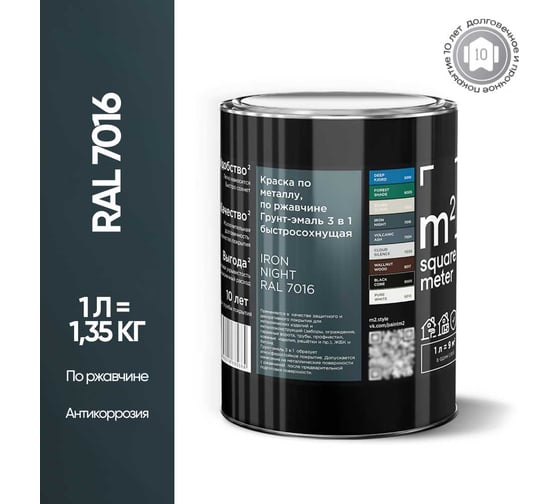 Грунт - эмаль 3 в 1 по ржавчине M2 SQUARE METER RAL 7016 Антрацит, 1л 10211000017016