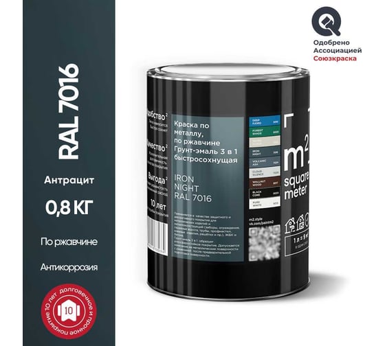 Грунт - эмаль 3 в 1 по ржавчине M2 SQUARE METER RAL 7016 Антрацит, 0,8 кг 10211000017016