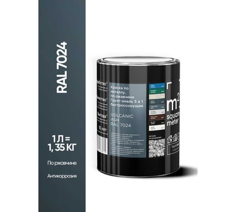 Грунт - эмаль 3 в 1 по ржавчине M2 SQUARE METER RAL 7024 Графит, 1л 10211000017024