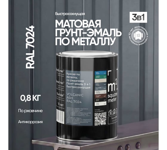 Грунт - эмаль 3 в 1 по ржавчине M2 SQUARE METER RAL 7024 Графит, 0,8 кг 10211000017024