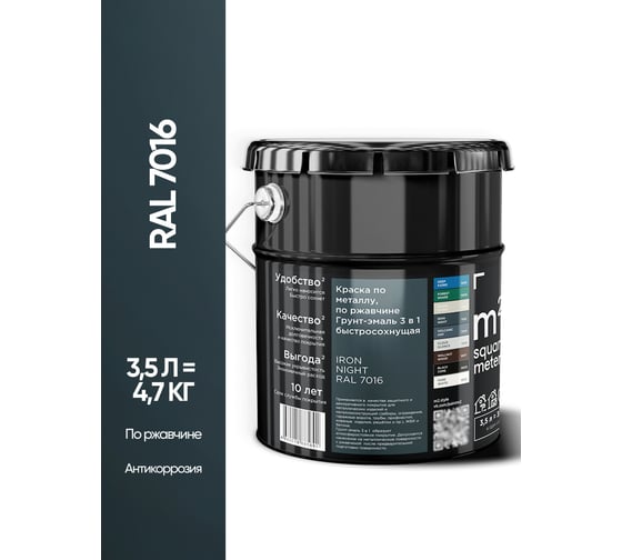 Грунт - эмаль 3 в 1 по ржавчине M2 SQUARE METER RAL 7016 Антрацит, 3,5л 10211000047016