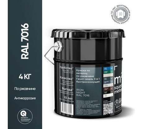 Грунт - эмаль 3 в 1 по ржавчине RAL 7016 Антрацит, 10кг M2 SQUARE METER 10211000107016