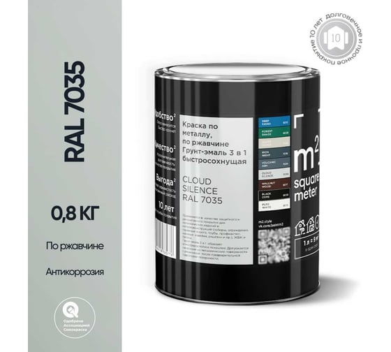 Грунт - эмаль 3 в 1 по ржавчине M2 SQUARE METER RAL 7035 Светло-серый, 0,8 кг 10211000017035