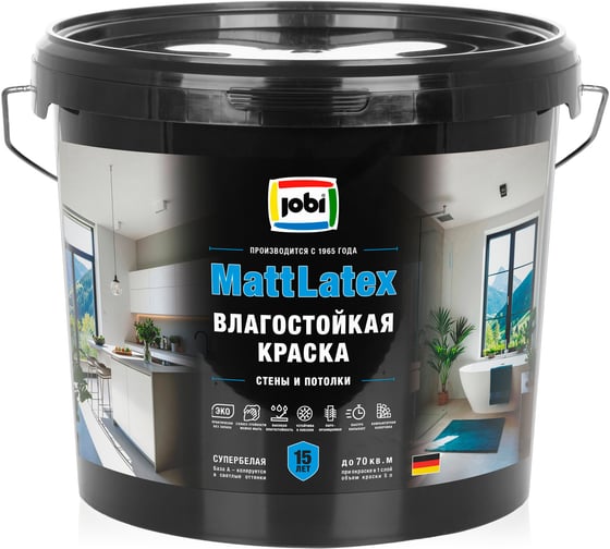 Краска влагостойкая для стен и потолков JOBI MATTLATEX, 5 л, 36394 1