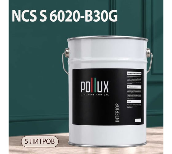 Краска моющаяся интерьерная для стен и потолков Pollux INTERIOR без запаха, быстросохнущая, акриловая, матовое покрытие, цвет NCS S 6020-B30G, 5л, INT-NCS-S-6020-B30G-5L