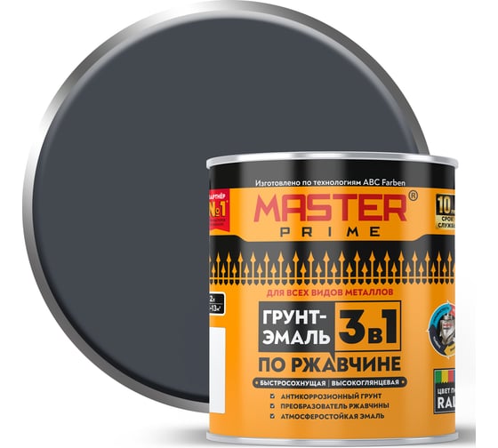 Грунт-эмаль по ржавчине Master Prime 3в1 высокоглянцевая быстросохнущая RAL 7024 се 4300014482