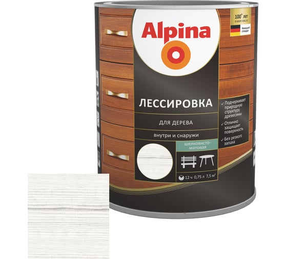 Лессировка для дерева ALPINA (10686) белый, 0.75 л 948104024