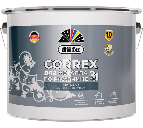 Грунт-эмаль 3в1 Dufa CORREX для металла, по ржавчине, RAL-9010, белая матовая, 10л МП00-015152
