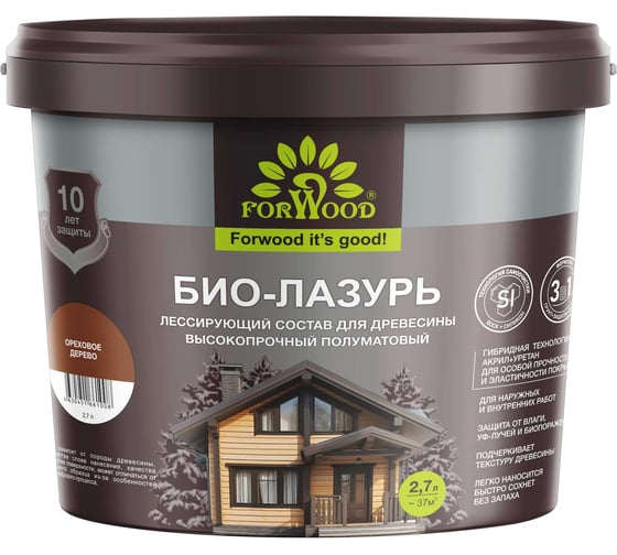 БИО-ЛАЗУРЬ для древесины Forwood тиковое дерево, лессирующий состав высокопрочный полуматовый биолазурь_тиковоедерево_9л