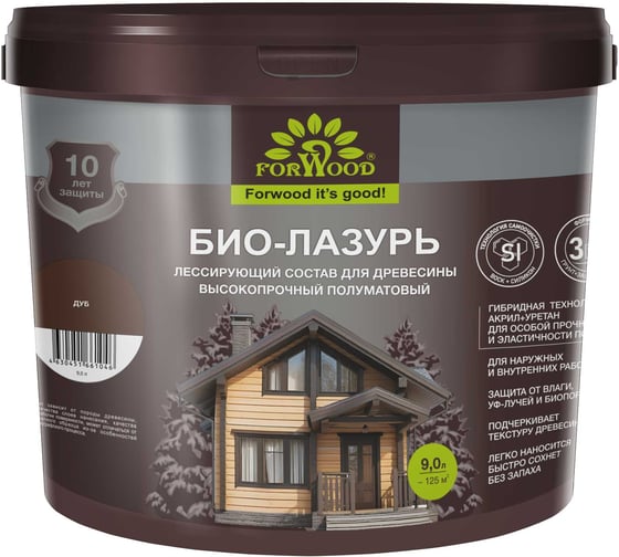 БИО-ЛАЗУРЬ для древесины Forwood дуб, лессирующий состав, высокопрочный полуматовый биолазурь_дуб_9л
