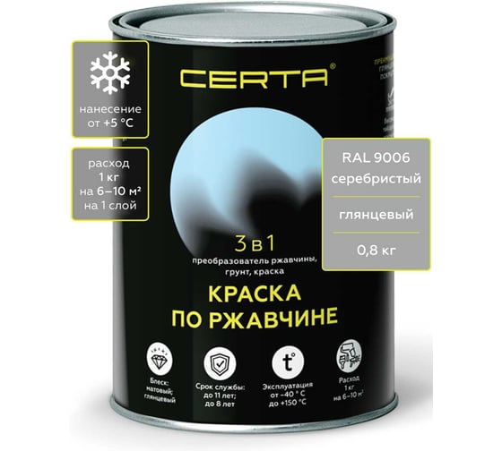 Быстросохнущая краска по металлу 3 в 1 по ржавчине Certa серебристый глянцевый (~RAL 9006) 0,8 кг KRGL2003