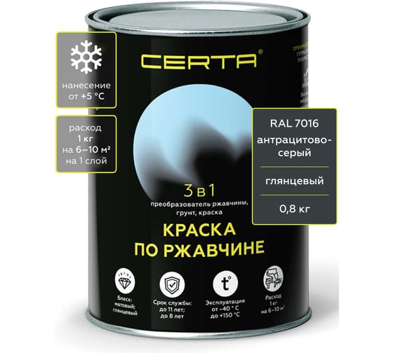 Быстросохнущая краска по металлу 3 в 1 по ржавчине Certa темно-серый глянцевый (~RAL 7016) 0,8 кг KRGL2005