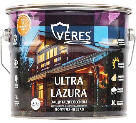 Декоративная пропитка для дерева Veres Верес Ультра Лазура №17 VU-27, полуглянцевая, 9 л, золотой бор 281410