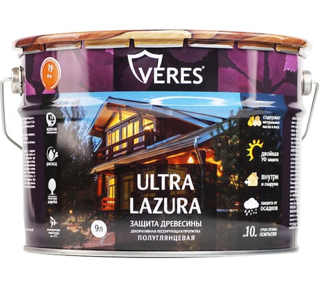 Декоративная пропитка для дерева Veres Верес Ультра Лазура №19 VU-30, полуглянцевая, 9 л, дуб 281413