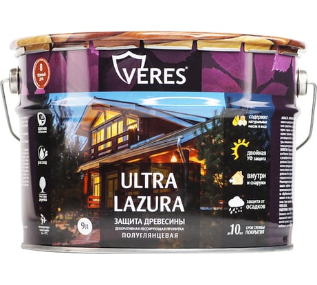 Декоративная пропитка для дерева Veres Верес Ультра Лазура №8 VU-18, полуглянцевая, 9 л, темный дуб 281401