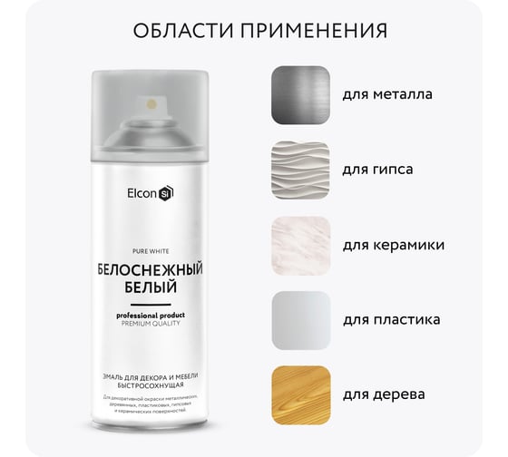 Аэрозольная краска Elcon для мебели и предметов декора, для металла, для пластика, для керамики, для стекла, для гипса, быстросохнущая, акриловая, белоснежно-белый, аэрозоль 520 мл 00-00462254