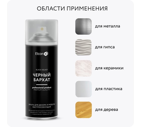 Аэрозольная краска Elcon для мебели и предметов декора, для металла, для пластика, для керамики, для стекла, для гипса, быстросохнущая, акриловая, черный бархат, аэрозоль 520 мл 00-00462266