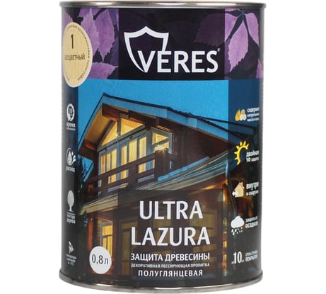 Декоративная пропитка для дерева Veres Верес Ультра Лазура №1 VU-01, полуглянцевая, 0,8 л, бесцветная 281384