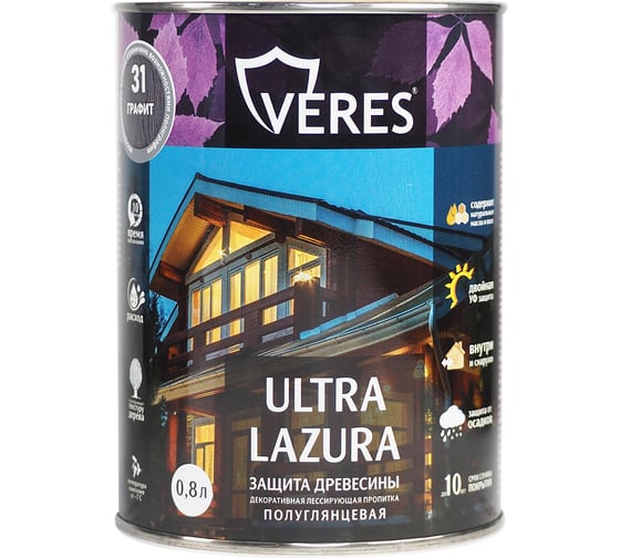Декоративная пропитка для дерева Veres Верес Ультра Лазура №31 VU-37, полуглянцевая, 0,8 л, графит 281420