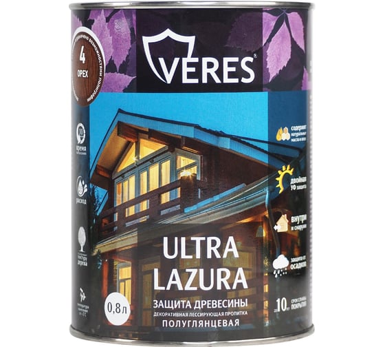 Декоративная пропитка Veres для дерева Верес Ультра Лазура №4 VU-10, полуглянцевая, 0,8 л, орех 281393