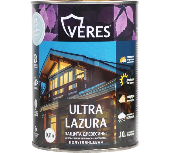 Декоративная пропитка Veres для дерева Верес Ультра Лазура №33 VU-43, полуглянцевая, 0,8 л, голубой туман 281426