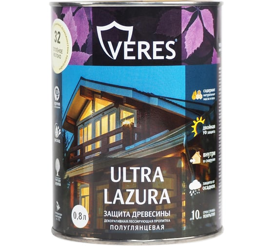 Декоративная пропитка Veres для дерева Верес Ультра Лазура №32 VU-40, полуглянцевая, 0,8 л, топленое молоко 281423