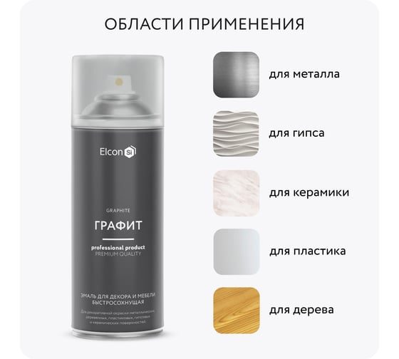 Аэрозольная краска Elcon для мебели и предметов декора, для металла, пластика, керамики, стекла, гипса графит, аэрозоль 520 мл 00-00462257 00-00462255