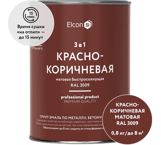 Быстросохнущая грунт-эмаль по металлу Elcon 3 в 1 по ржавчине, матовая, красно-коричневая, 0.8 кг 00-00462300