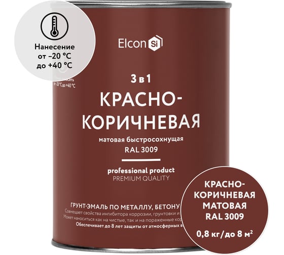 Быстросохнущая грунт-эмаль по металлу Elcon 3 в 1 по ржавчине, матовая, красно-коричневая, 0.8 кг 00-00462300