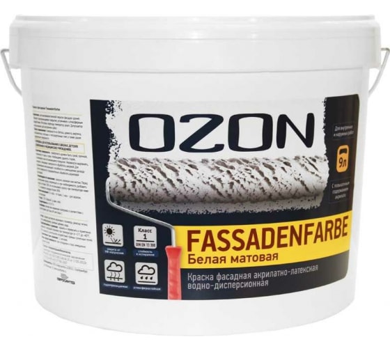 Фасадная краска OZON ВД-АК 112А FASSADENFARBE высококачественная, белая, 9 л, 14 кг ВД-АК-112А-14 1