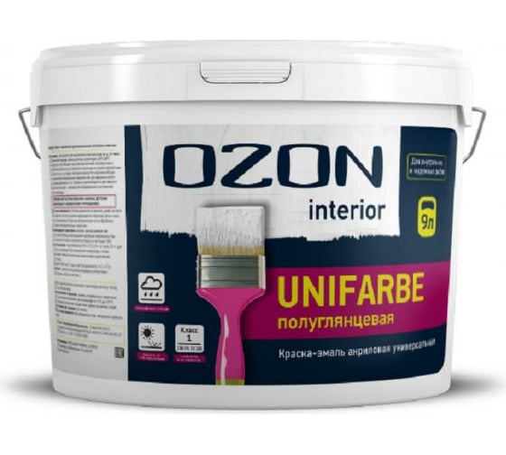Универсальная акриловая эмаль OZON ВД-АК 157А UNIFARBE INTERIOR высококачественная, белая, 9 л, 11 кг ВД-АК-157А-11 1