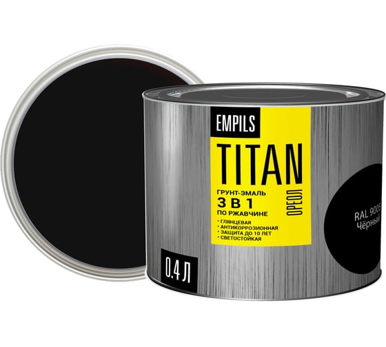 Грунт-эмаль по ржавчине ОРЕОЛ TITAN чёрный RAL 9005 0.4 л 0.4 кг 89274