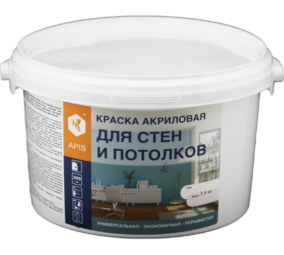 Краска акриловая APIS белая, ведро, 3 кг RUK-001-0008 1