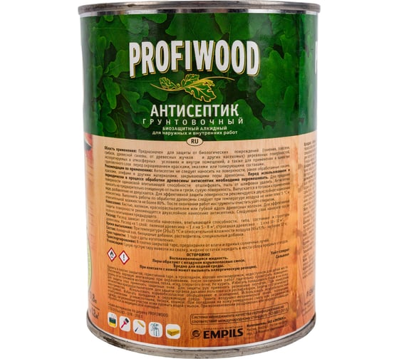 Алкидный антисептик PROFIWOOD (грунтовочный; биозащитный; бесцветный; 0.8 л; 0.7 кг) 3761