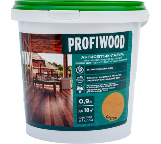 Водно-дисперсионный антисептик-лазурь PROFIWOOD (декоративный; атмосферостойкий; орегон; 0.9 кг) 4013