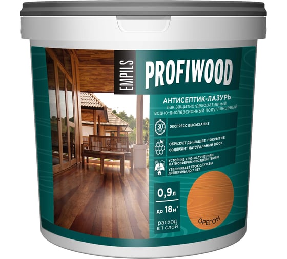 Водно-дисперсионный антисептик-лазурь PROFIWOOD (декоративный; атмосферостойкий; орегон; 0.9 кг) 4013 1