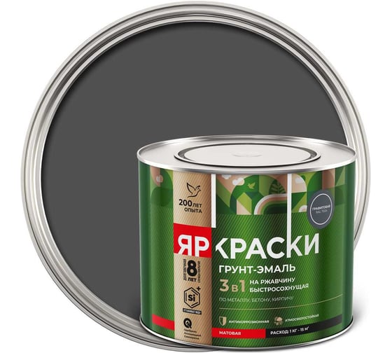 Грунт-эмаль на ржавчину 3 в 1 ЯРОСЛАВСКИЕ КРАСКИ ЯРКРАСКИ быстросохнущая, графитовая RAL 7024 матовая, банка 2 кг 223075