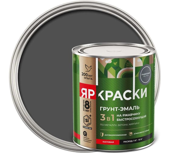 Грунт-эмаль на ржавчину 3 в 1 ЯРОСЛАВСКИЕ КРАСКИ ЯРКРАСКИ быстросохнущая, графитовая RAL 7024 матовая, банка 0,8 кг 223083