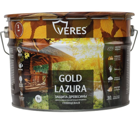 Декоративная пропитка для дерева Veres Верес Gold №3 VG-09, глянцевая, 9 л, тик 281437