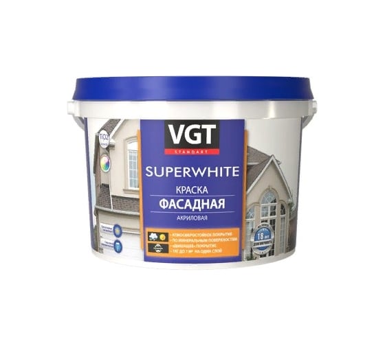 Краска фасадная VGT SUPERWHITE ВД-АК-1180 акриловая, только под колеровку, мат, база С (6кг) 18325
