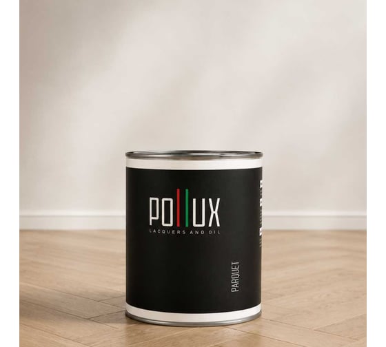 Паркетный лак для деревянного пола Pollux PARQUET на водной основе, акриловый, без запаха, износостойкий, быстросохнущий, бесцветный, матовый 1л. PARQUET-MT-1L