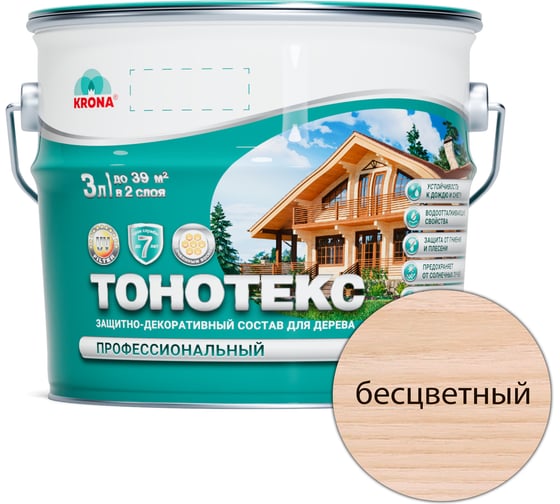 Защитно-декоративный состав для дерева KRONA Тонотекс (бесцветный; 3 л) 66330505