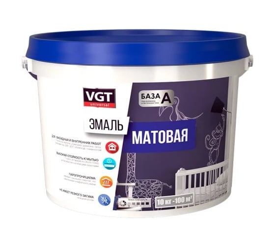 Эмаль акриловая матовая, универсальная VGT ВД-АК-1179 база А, супербелая 15кг 23772