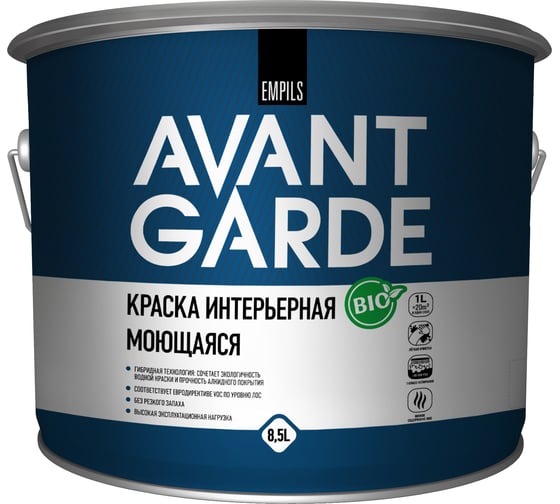 Интерьерная краска Avantgarde моющаяся, база А, матовая, белая, 8.5 л, 11.6 кг 76664