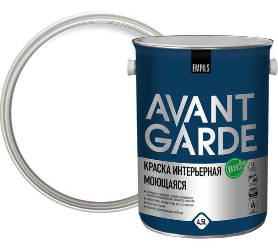 Интерьерная краска Avantgarde моющаяся, база А, матовая, белая, 4.5 л, 6.2 кг 76663